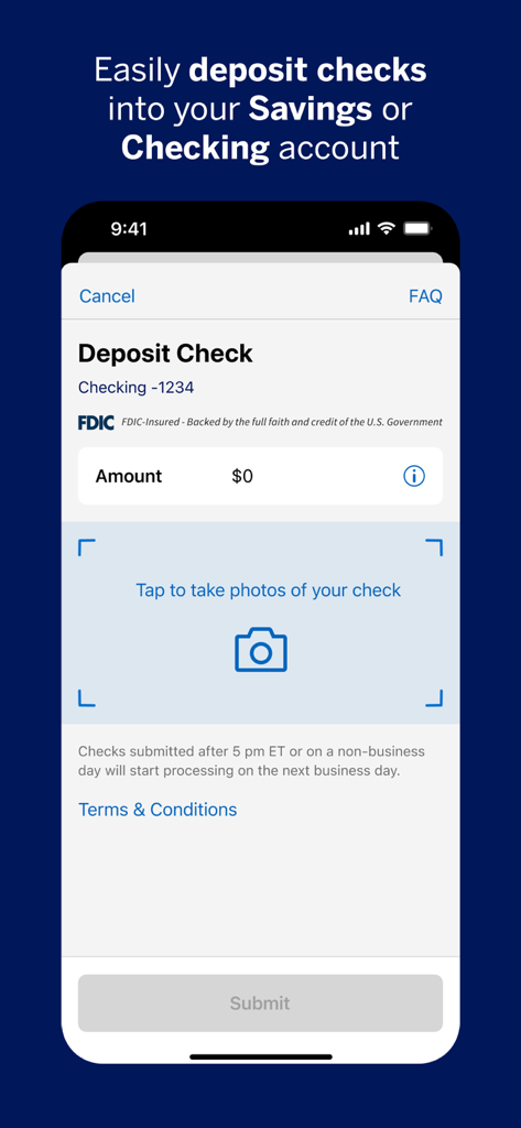 Tela do aplicativo móvel American Express mostrando a interface de depósito de cheques móvel para contas poupança e correntes.