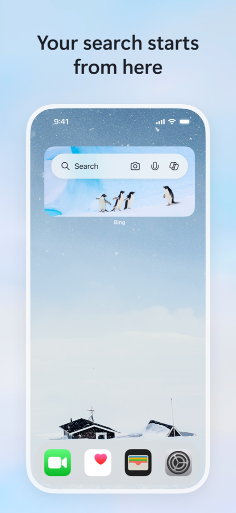 Un widget di ricerca Microsoft Bing su una schermata home di iPhone con una barra di ricerca e icone di scelta rapida
