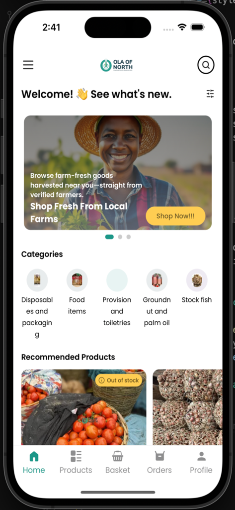 Ola of north - Pantalla de inicio de la aplicación Ola of North mostrando productos frescos de granja y categorías de compras