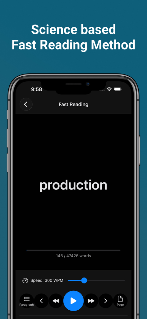 Bio Reading - Fast Read - Schermata iPhone che mostra l'interfaccia dell'app Bio Reading con una velocità di lettura impostata a 300 parole al minuto e controlli di riproduzione