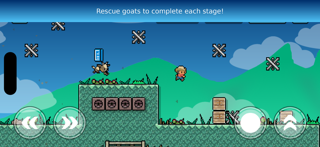 Old Monterrey: Pixel Adventure - 2D pixel art gameplay showing a character jumping to rescue a goat in a green landscape