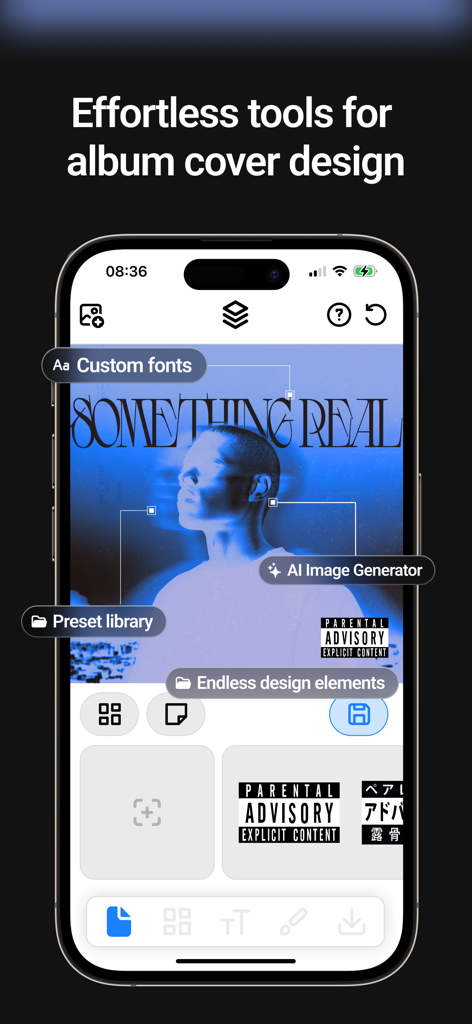 Smartphone screen displaying Cover Art Studio app with tools for custom fonts and AI image generation to create music album covers