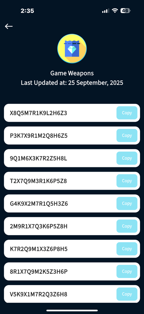 FFF Max Diamond - Mobile app screen showing a list of alphanumeric redeem codes for game weapons with copy buttons