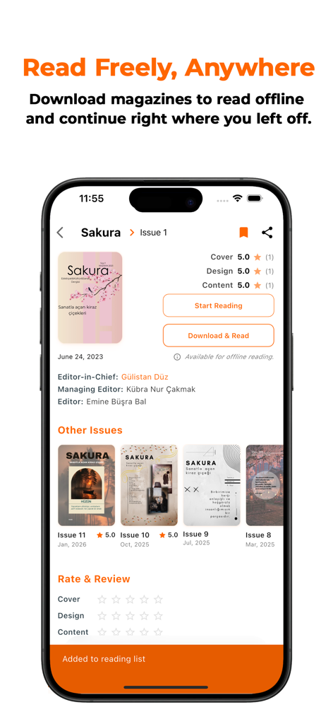 MagPublish - MagPublish app screen showing magazine details with ratings and an offline download button