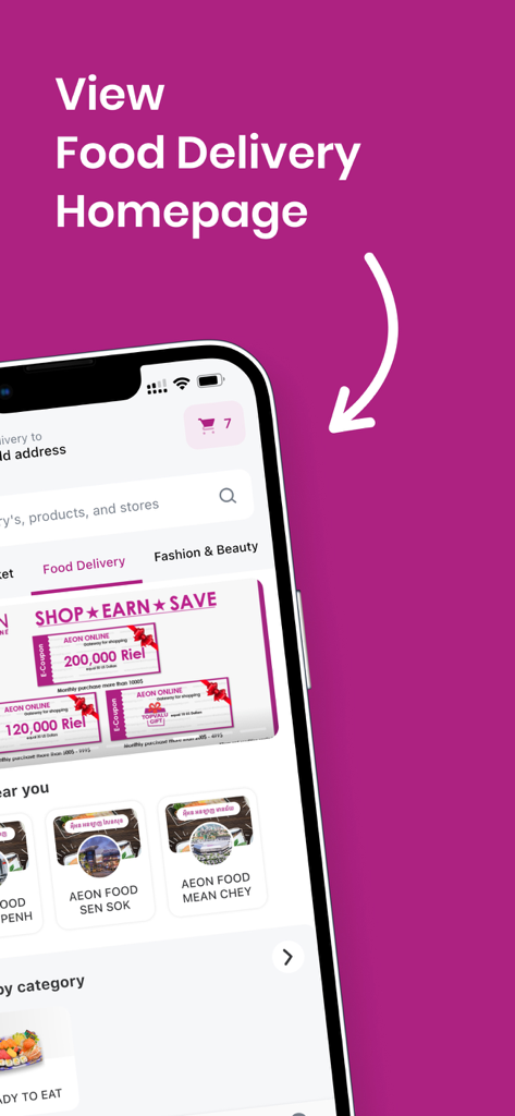 AEON Online - Página de inicio de entrega de comida de la aplicación AEON Online que muestra cupones y ubicaciones de tiendas cercanas