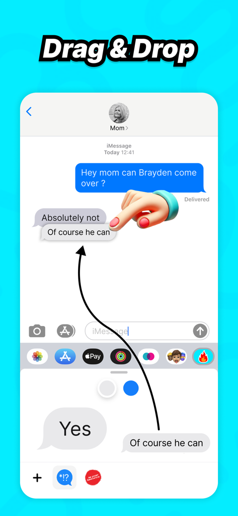 Recurso de arrastar e soltar do aplicativo Litstick mostrando um balão de mensagem de imitação sendo colocado sobre um texto real no iMessage.