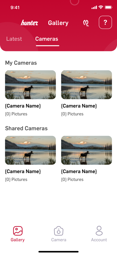 Nordic Hunter app gallery screen showing a list of personal and shared trail cameras with moose thumbnails