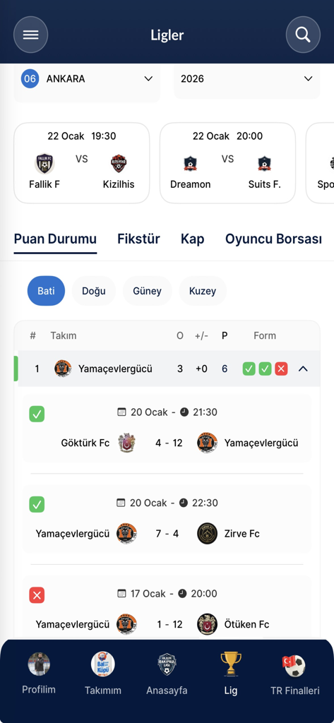Blade Rakipbul Ligi - Blade Rakipbul Ligi app screen showing Ankara futsal league standings and match fixtures