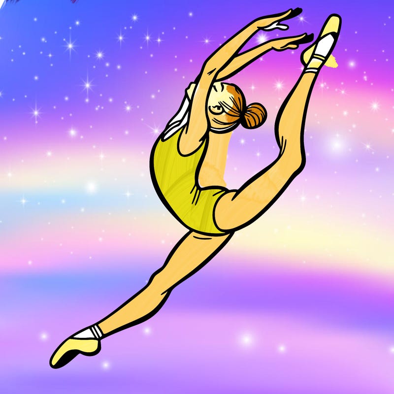 gymnast doing a leap in a leotard with a bent back leg