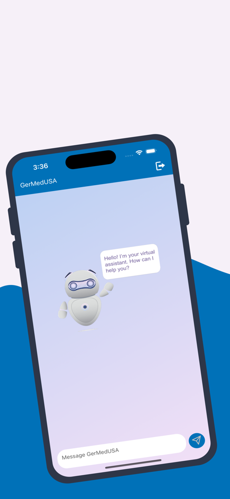 The GerMedUSA chatbot interface featuring a virtual assistant robot for surgical instrument inquiries.