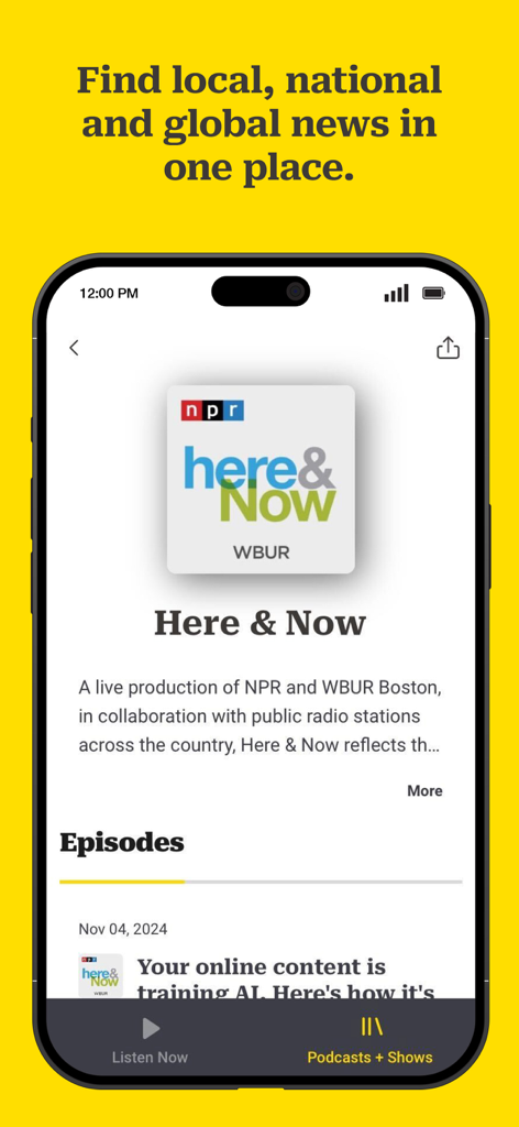 WBUR app interface showing the Here and Now podcast episodes page on a smartphone screen.