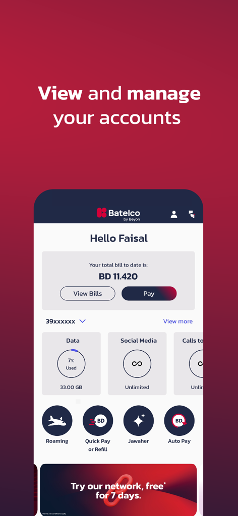 Batelco - Batelcoモバイルアプリのインターフェースで、アカウント残高、データ使用量追跡、支払いオプションを表示