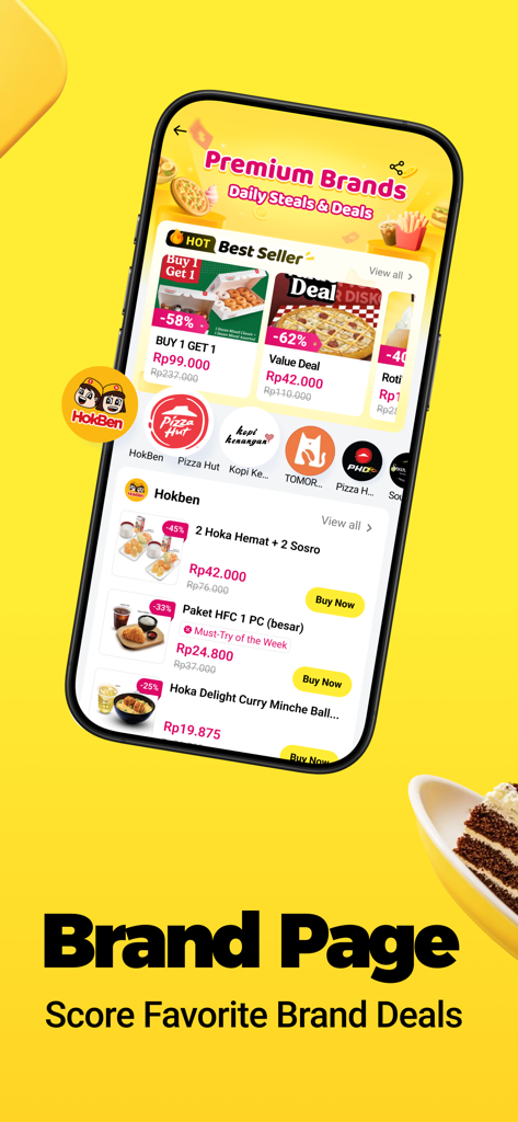 Pantalla de smartphone de la aplicación Qpon que muestra cupones de descuento y ofertas de marcas de comida premium.
