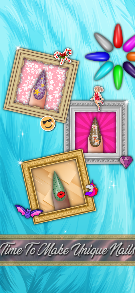 Acrylic Nail Salon Girls Games - Three framed examples of creative acrylic nail designs with colorful stickers and patterns