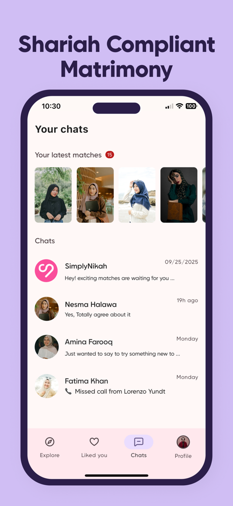 Simply Nikah - A mobile screen showing the chat interface of the Simply Nikah matrimony app.