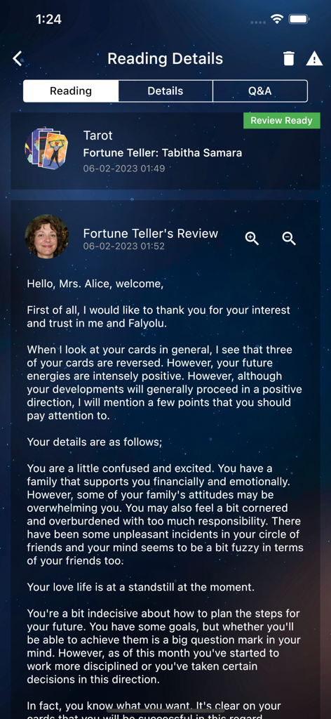 Personalized tarot reading review from a real fortune teller in the Falyolu app