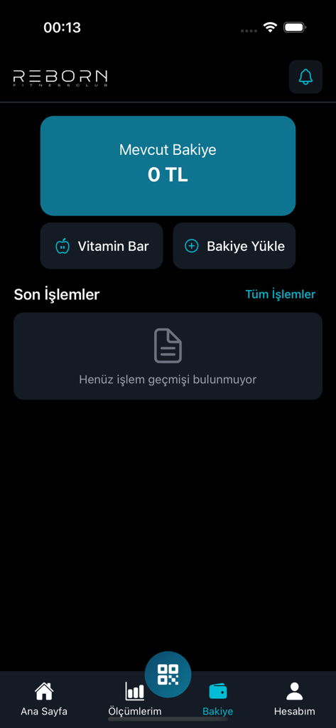 Reborn Fitness - Wallet screen of Reborn Fitness app showing account balance and recent transactions