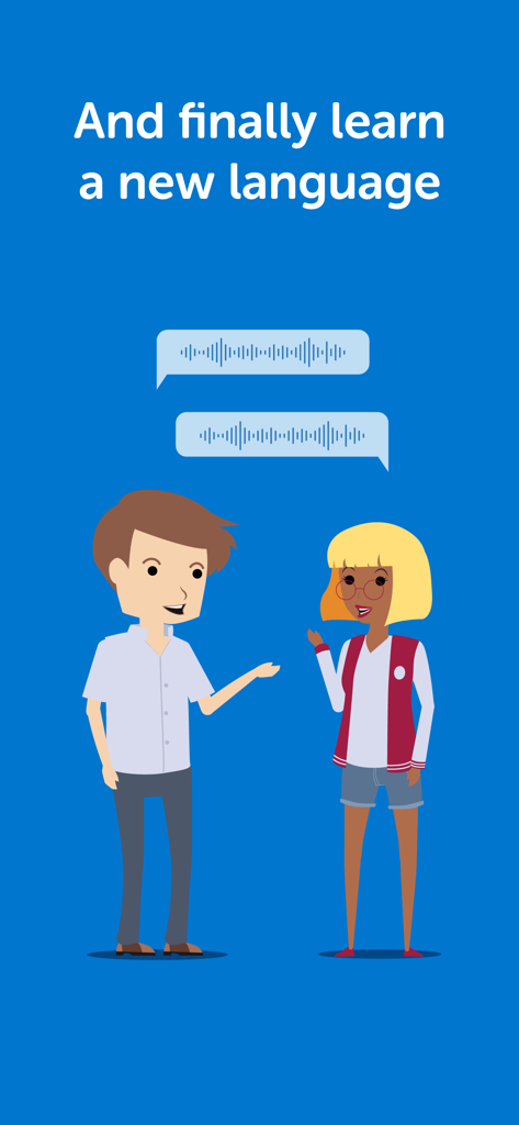 Innovative Language Learning - Cartoon illustration of two people talking with speech bubbles containing audio waveforms on a blue background.