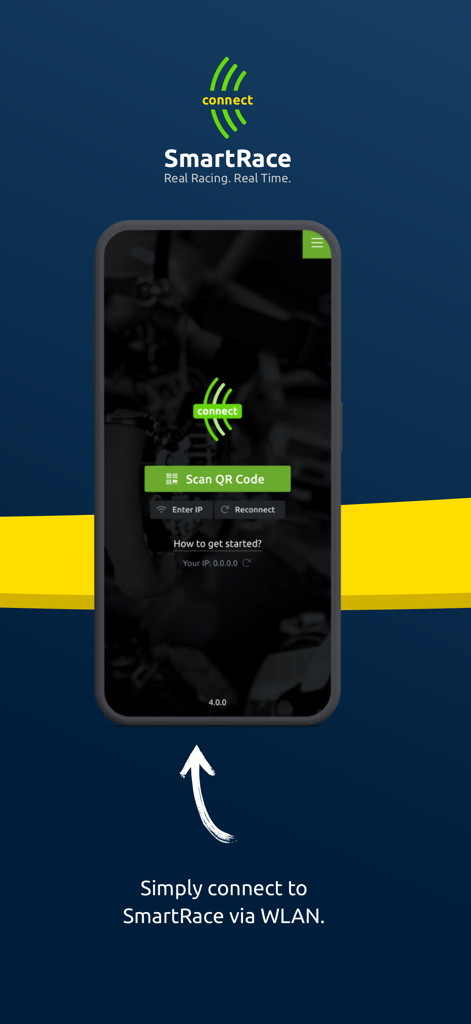 SmartRace Connect app screen showing WLAN connection and QR code scanning options