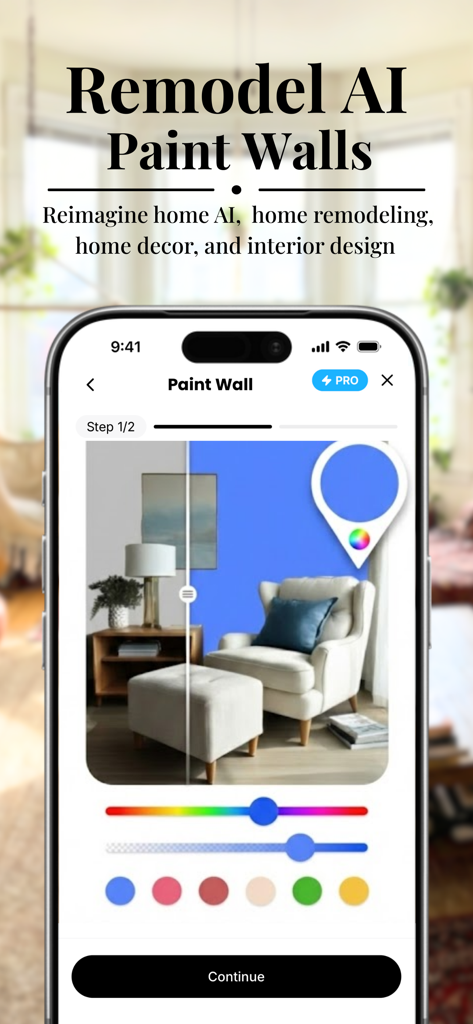 House AI - Interior Design Pro - Mobile app interface showing the AI paint wall feature with a before and after slider visualizing a blue accent wall in a living room.
