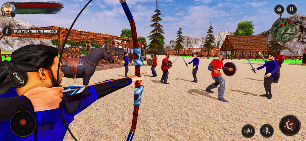 Uno screenshot di gioco mobile 3D che mostra Osman Gazi che mira con un arco e una freccia ai soldati nemici per difendere la sua tribù.