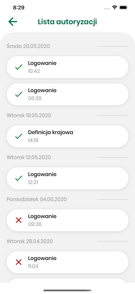 PSBank.pl - PSBankモバイルアプリの最近のログインおよびトランザクション承認のリスト。ステータスアイコンが表示されます。