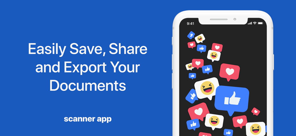 Promotional banner for PDF scanner app highlighting document saving and sharing features