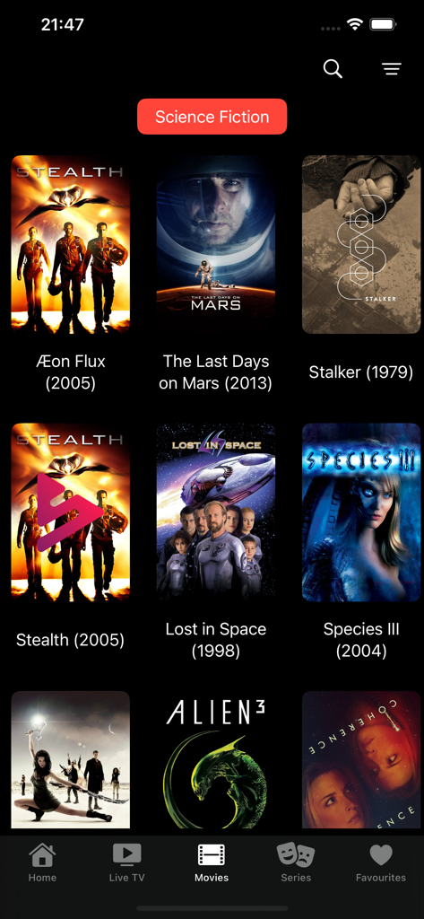 Snappier IPTV - Snappier IPTV app movie library showing science fiction films in a grid view on an iPhone