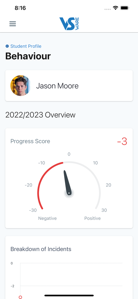 VSware app student behavior report showing a progress score gauge and incident breakdown