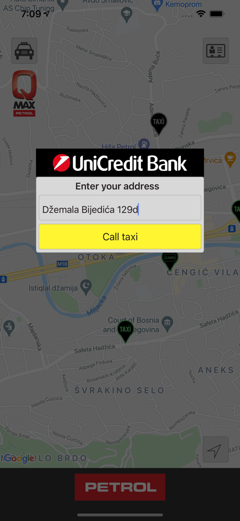 mojTaxi Touch ‘n’ Go - Interface of the mojTaxi app showing a map with a pop up window to enter an address and a yellow call taxi button