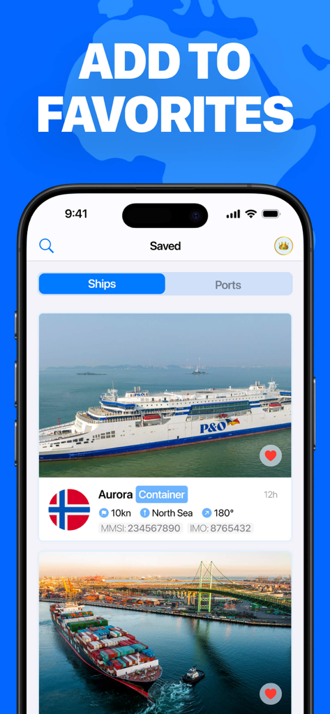 선박 이름 Aurora 및 노르웨이 국기를 포함한 선박 세부 정보를 보여주는 Marine Traffic 앱의 저장된 선박 섹션을 보여주는 iPhone 화면
