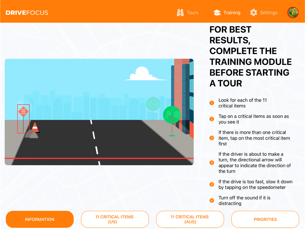 DriveFocus 2.0 - DriveFocus 2.0 training module interface showing instructions for identifying driving hazards.