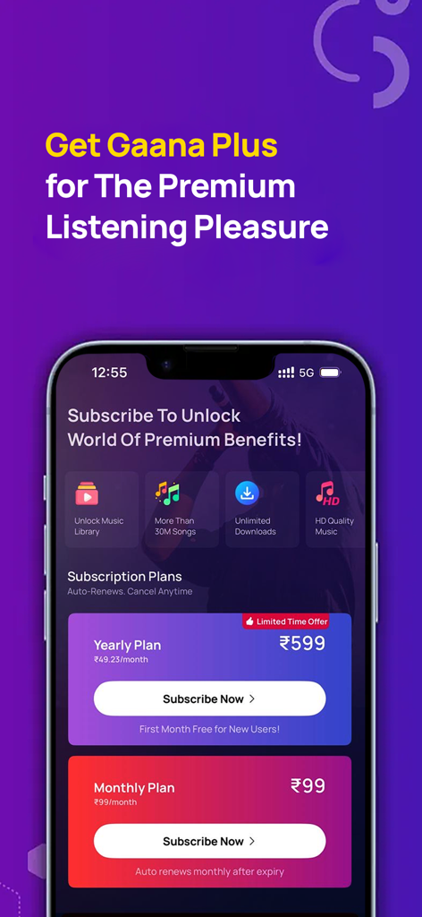 Gaana Music - Songs & Podcasts - Gaana Music App Premium-Abonnement-Oberfläche, die jährliche und monatliche Gaana Plus-Pläne mit Funktionen wie unbegrenzten Downloads und HD-Qualität zeigt