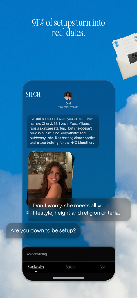 Screenshot of Sitch app showing a matchmaker message with a curated dating profile and match criteria