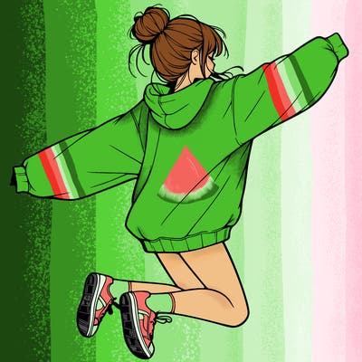 realistic girl jumping with a bun and oversized sweatshirt