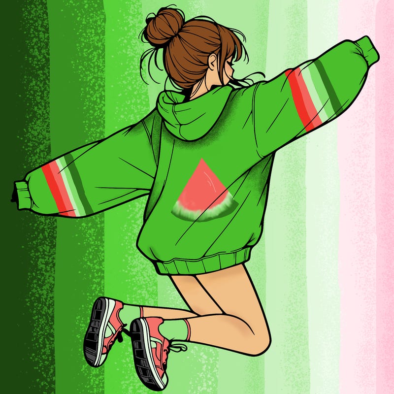 realistic girl jumping with a bun and oversized sweatshirt