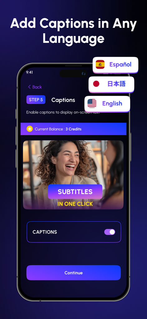 Dub AI – Video Translator App - Interface do aplicativo Dub AI mostrando a etapa para adicionar legendas em idiomas como espanhol e japonês.