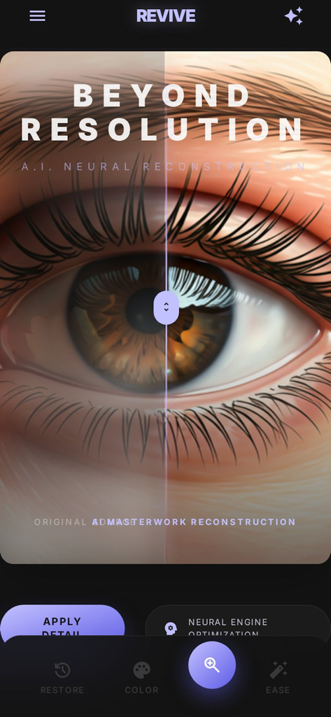 Revive - Restore Old Photos - Confronto prima e dopo di un dettaglio dell'occhio utilizzando il ripristino foto AI di Revive