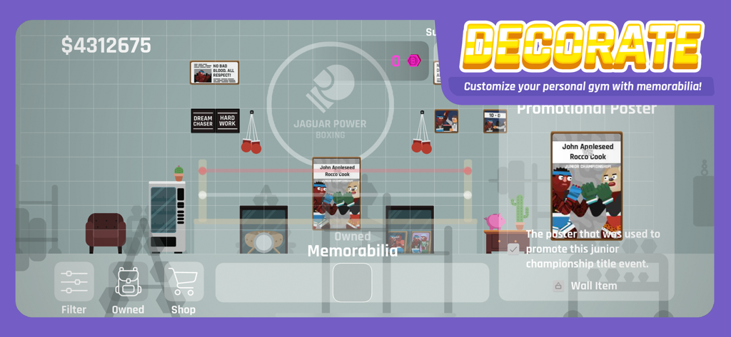 Super Boxing Championship! - Super Boxing Championship gym customization screen showing options to decorate with memorabilia and posters