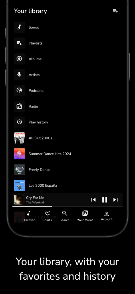 Freefy - Schermata della libreria dell'app Freefy che mostra playlist, album e cronologia di ascolto
