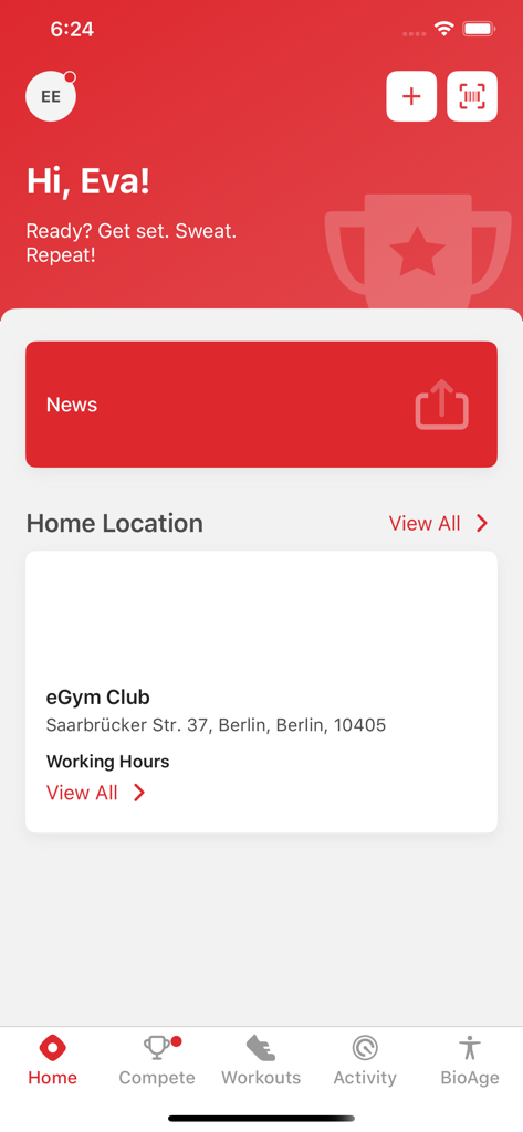 Matrix Community 360 - Basic - Home screen of the Matrix Community 360 app showing user greeting and gym club location