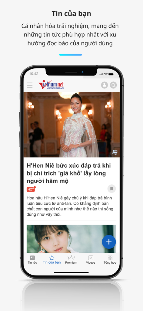 Aplicación VietNamNet mostrando un feed de noticias personalizado con un artículo de celebridades