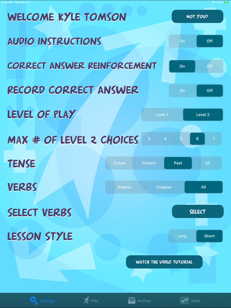 TenseBuilder - Settings screen of the TenseBuilder app showing options for audio instructions level of play and verb tense selection