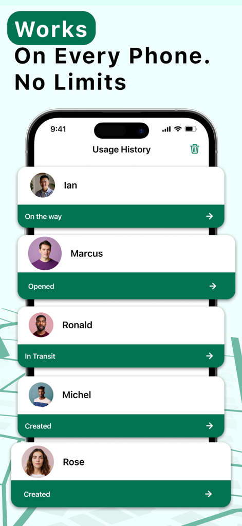 Phone Tracker Location Geo-Pro - Pantalla de smartphone que muestra el historial de uso de la aplicación de rastreo de ubicación Geo-Pro con una lista de contactos y su estado de movimiento