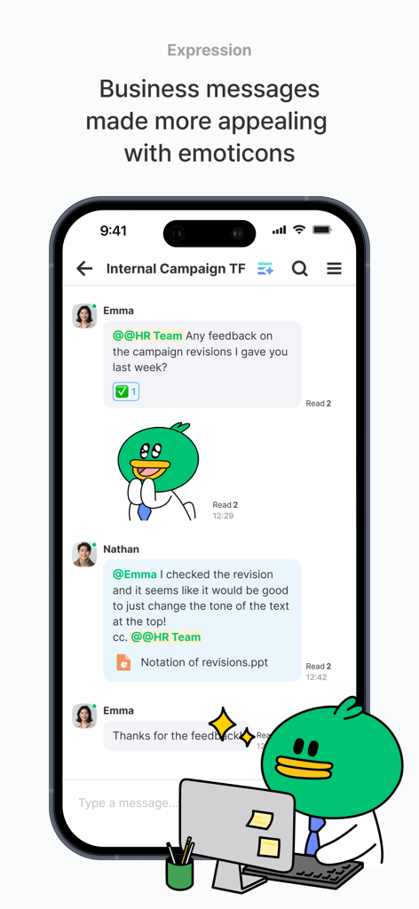 JANDI team collaboration app chat interface with business emoticons.