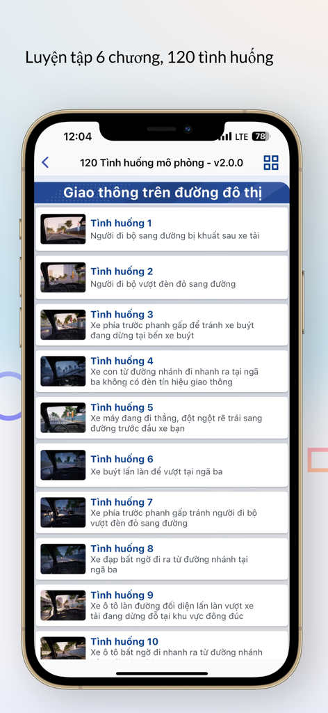 Mô Phỏng Giao Thông V2.0.0 - Un elenco di scenari di simulazione del traffico urbano per l'esame della patente vietnamita su uno schermo di smartphone.