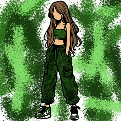 girl in baggy pants crop top and long hair