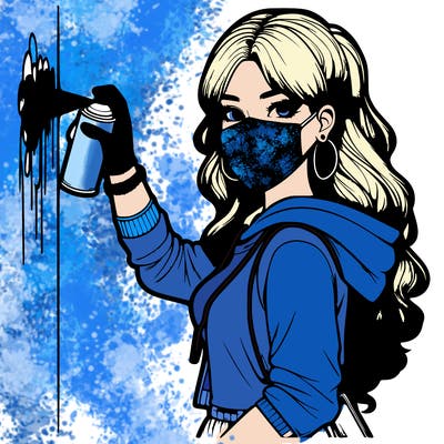 realistic girl with mask spray painting a wall