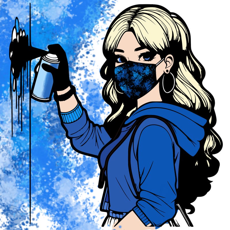 realistic girl with mask spray painting a wall