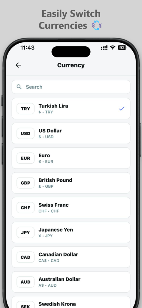 Expense Tracker – Daily Budget - Interfaz de la aplicación móvil de Seguimiento de Gastos que muestra una lista de monedas globales para la selección de presupuesto
